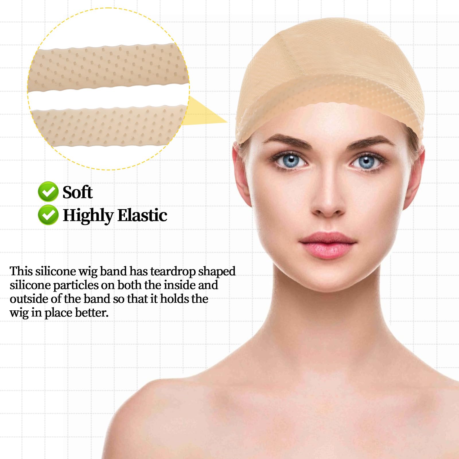 JJUNW band placed under a wig cap illustrating secure non-adhesive hold and comfort