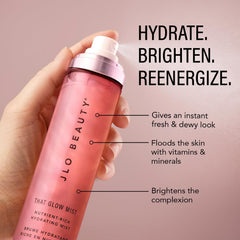 JLO BEAUTY mist spray close-up demonstrating ultra-fine dewy finish