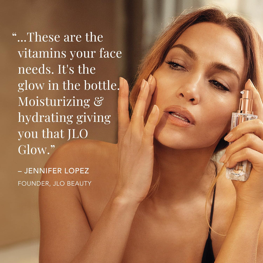 JLO BEAUTY dropper dispensing clear serum showing silky texture and hydration