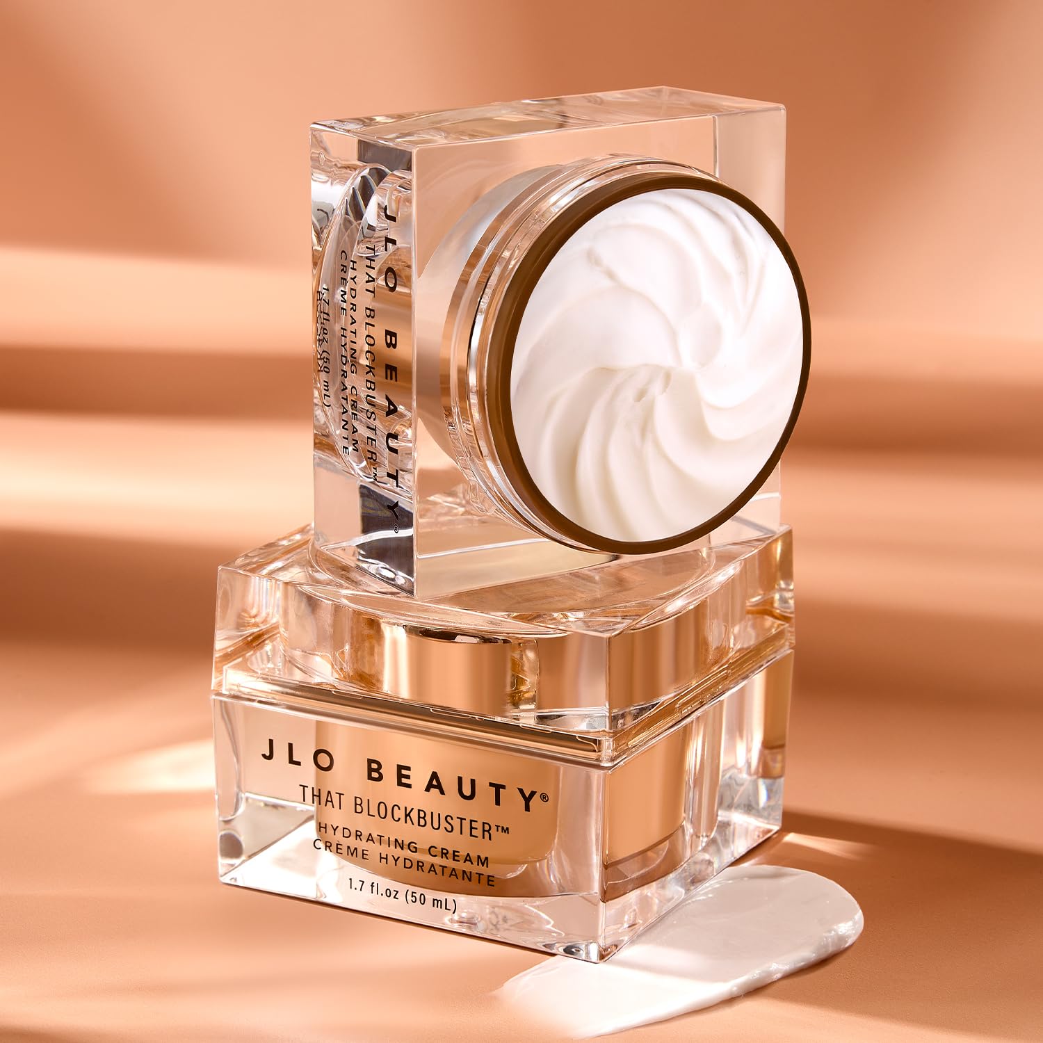 JLO BEAUTY jar on bathroom counter in morning routine setting showing lifestyle convenience benefit