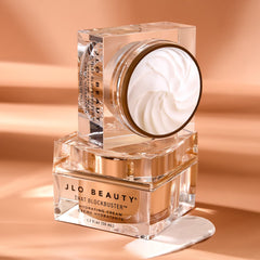 JLO BEAUTY jar on bathroom counter in morning routine setting showing lifestyle convenience benefit