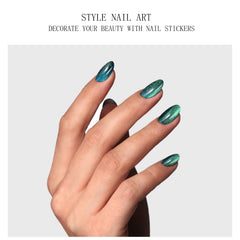 jmeowio applied on nails showing magnetic green cat eye effect for salon look