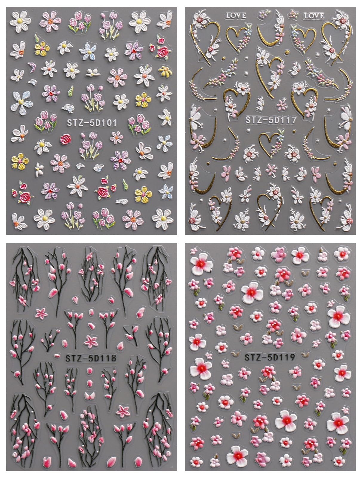jmeowio close-up of a single sheet displaying varied floral sticker patterns clearly