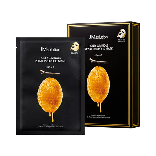 JMsolution front packaging showing 10 honey luminous masks, clear product benefit