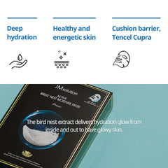 JMsolution mask applied on model conveying soothing at-home spa benefit
