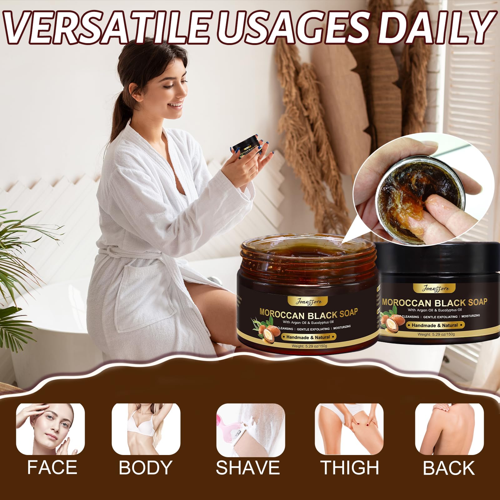 Joanssore exfoliating glove with soap in hand demonstrating easy at-home Hammam benefit