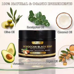 Joanssore ingredients display olive argan eucalyptus emphasizing nourishing natural oils