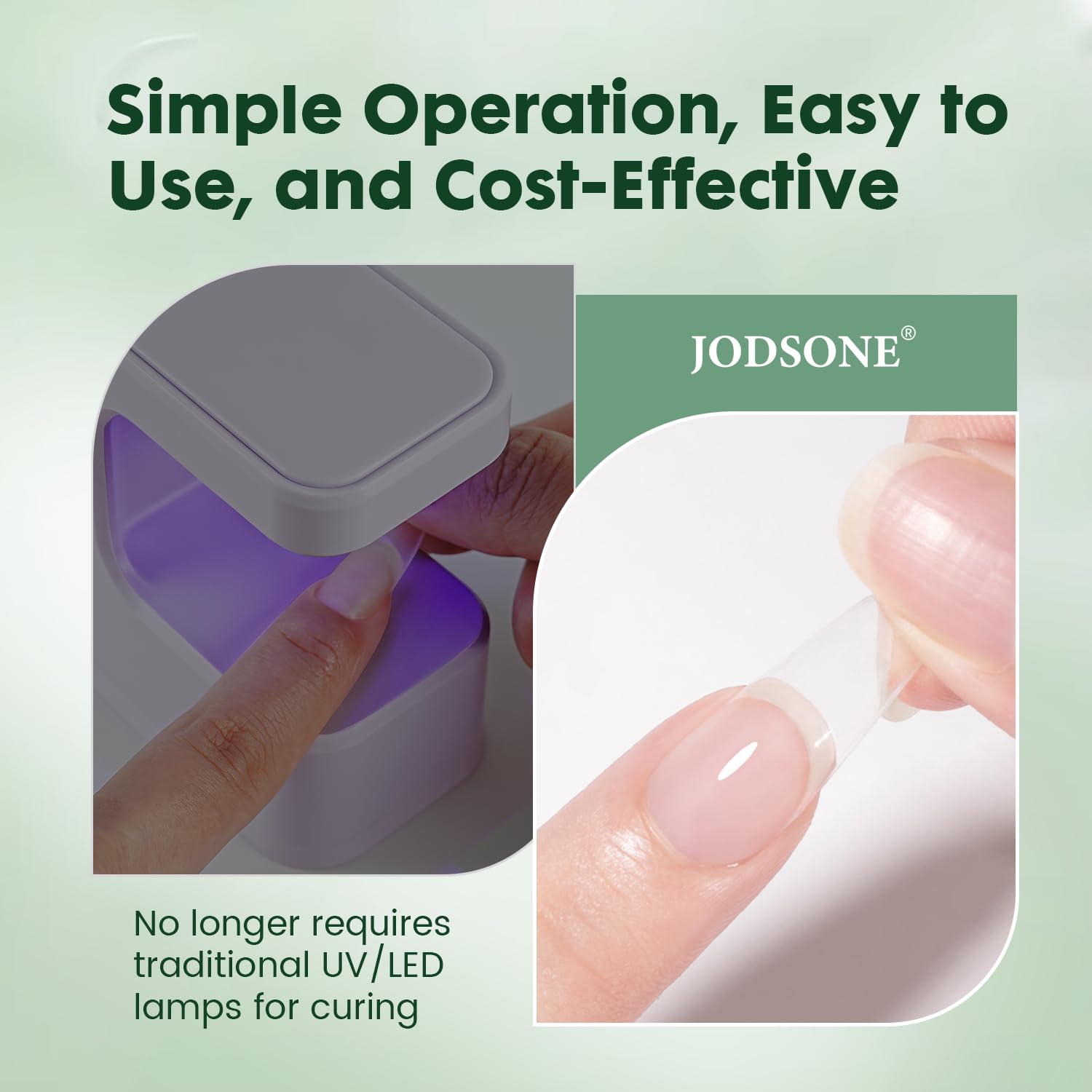 JODSONE application pressing press-on nail demonstrating fast bonding