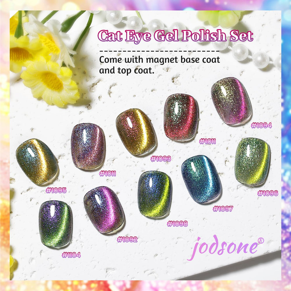 JODSONE color swatches of ten cat-eye shades showing shade variety and pairing ideas