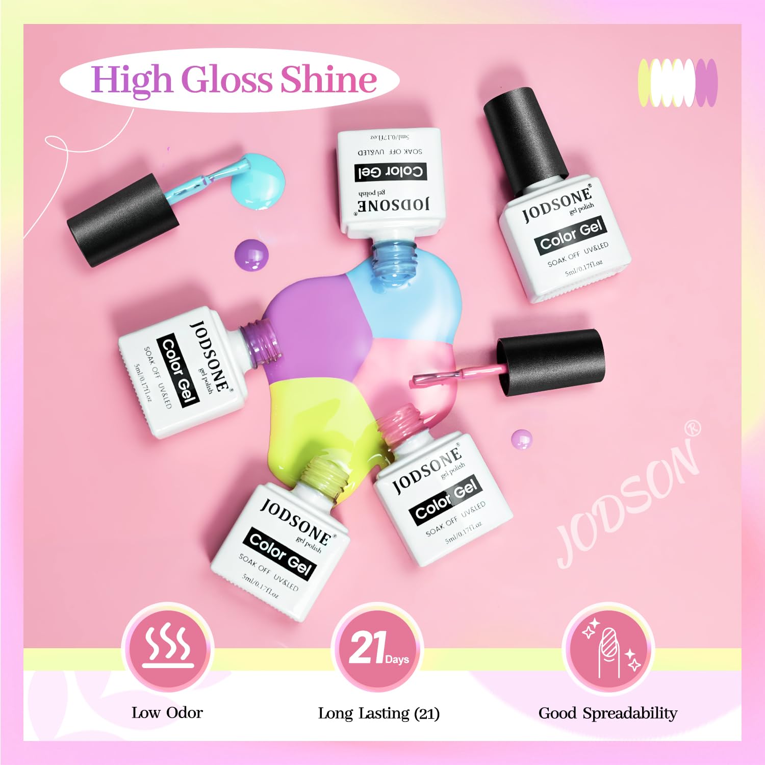 JODSONE close-up swatches of ten gel colors demonstrating true pigment and finish options