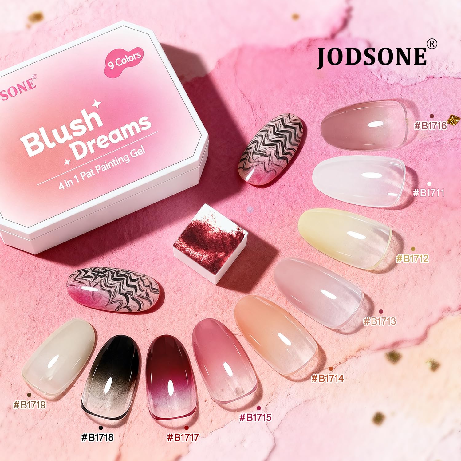 JODSONE color swatches on nail wheel illustrating blendable shades benefit