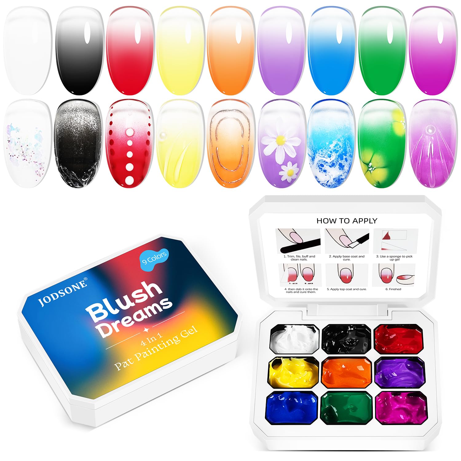 JODSONE front packaging showing nine patting gel bottles and palette benefits
