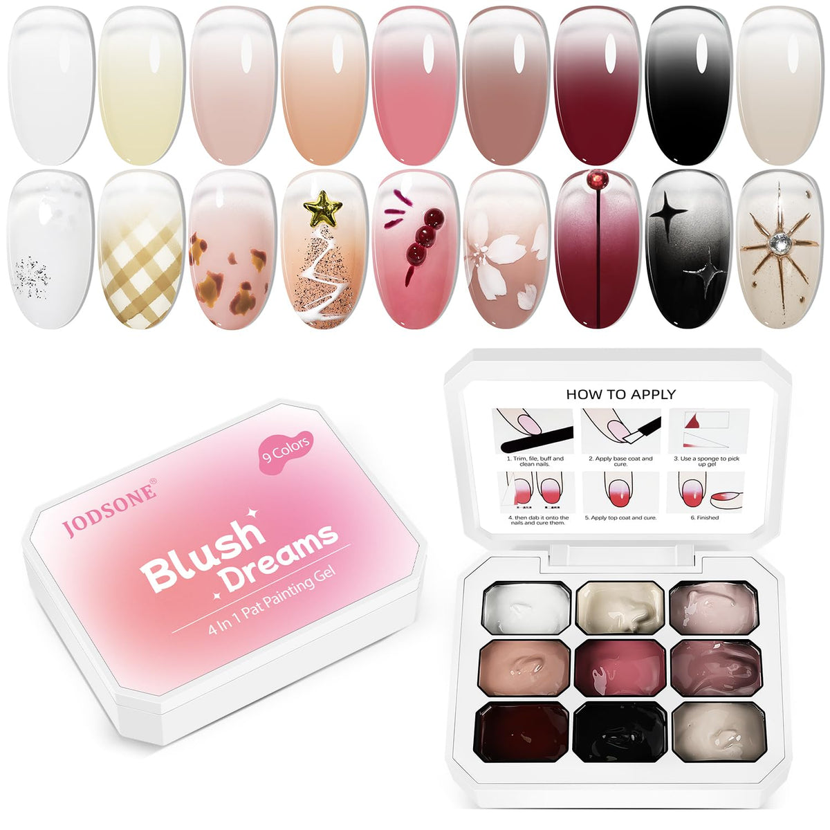 JODSONE front packaging showing nine pat paint gels and color range benefit