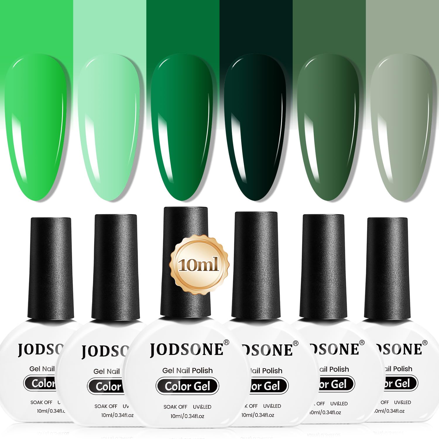 JODSONE front packaging showing six green gel bottles and benefits