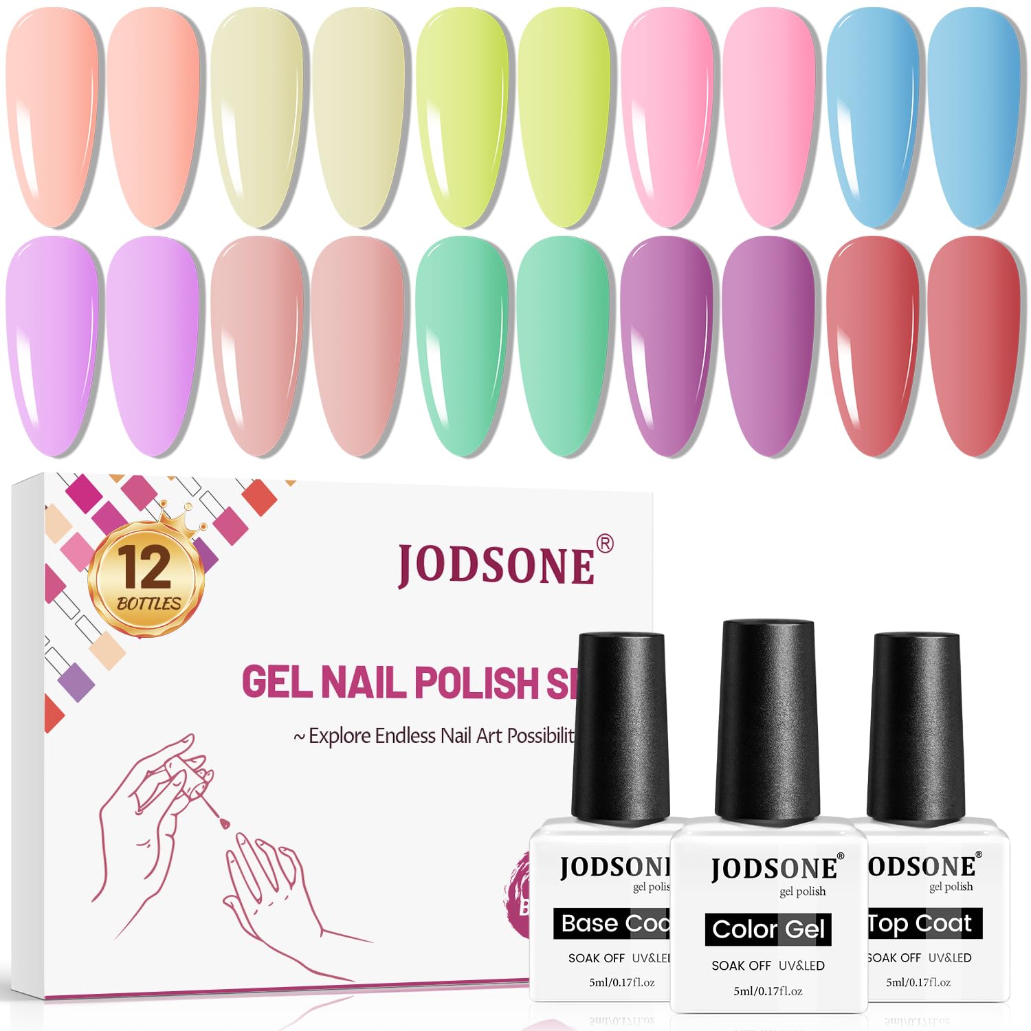 JODSONE front packaging showing 12 gel polish bottles and neat presentation with gifting appeal