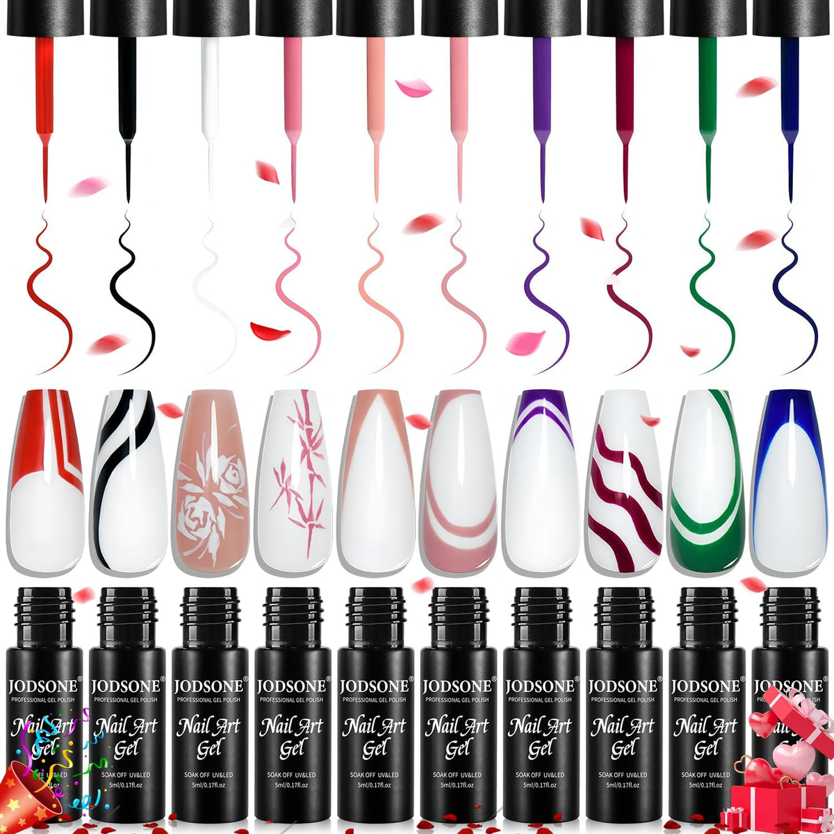 JODSONE front packaging showing ten gel liner bottles and built-in brushes for convenience