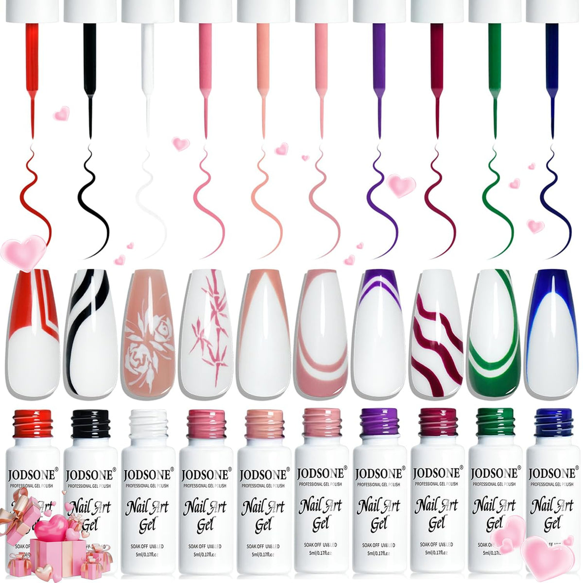 JODSONE front packaging showing ten gel liner bottles and brand clarity benefit
