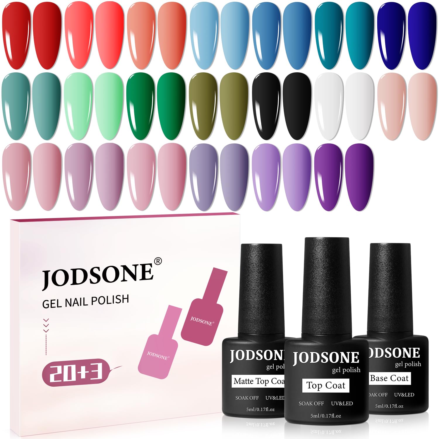 JODSONE front view of 23 gel polish bottles showing color variety and selection benefit