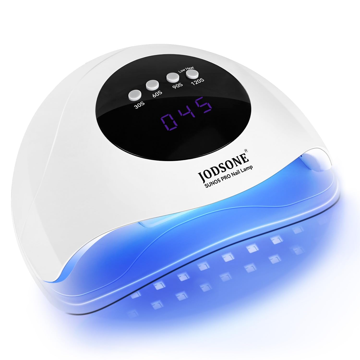 JODSONE front view of white UV LED nail lamp showing sleek design and large opening for faster curing