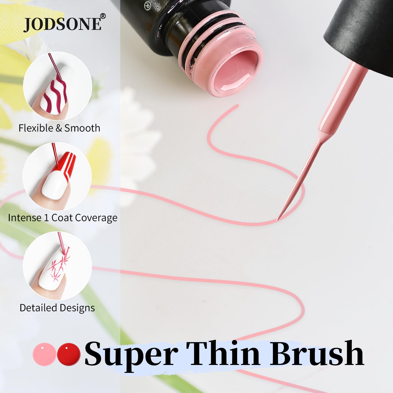 JODSONE bottles beside LED lamp illustrating lamp curing for faster set time