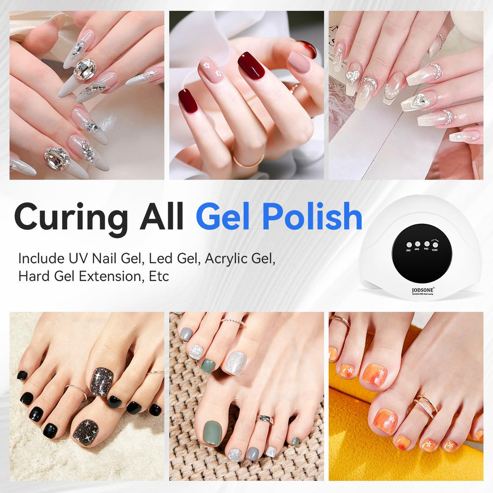 JODSONE lamp illuminated curing polished nails to demonstrate glossy, consistent finish results