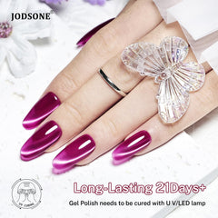JODSONE magnet held above wet gel creating a clear cat-eye stripe benefit