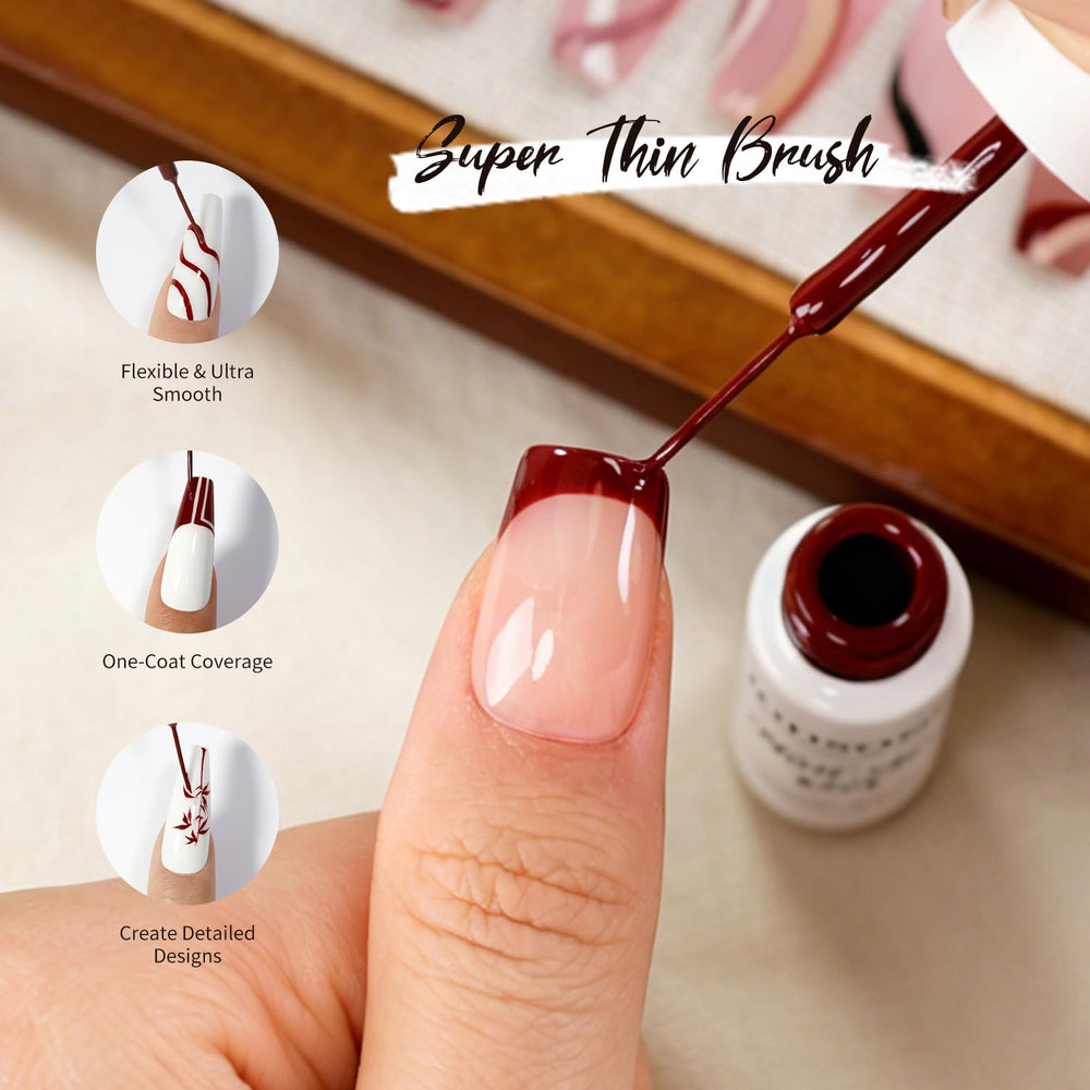 JODSONE nail artist drawing a fine brown line on nail showing accuracy for detailed designs
