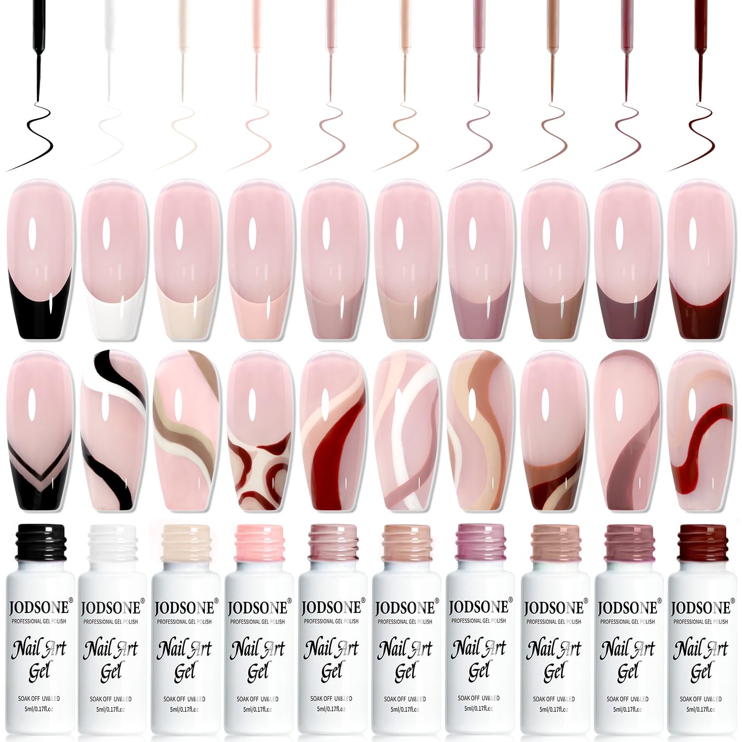 JODSONE front packaging of 10-color mocha nail gel liner set showing bottles and palette benefit precise choices