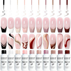 JODSONE front packaging of 10-color mocha nail gel liner set showing bottles and palette benefit precise choices