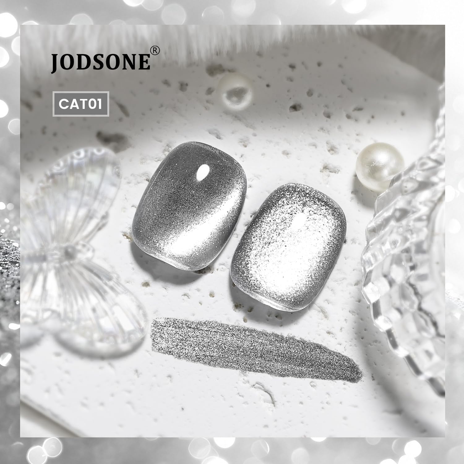 JODSONE nail tip swatch showing silver cat-eye finish and reflective effect benefit