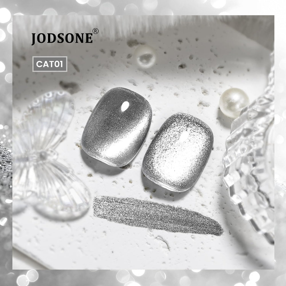 JODSONE nail tip swatch showing silver cat-eye finish and reflective effect benefit