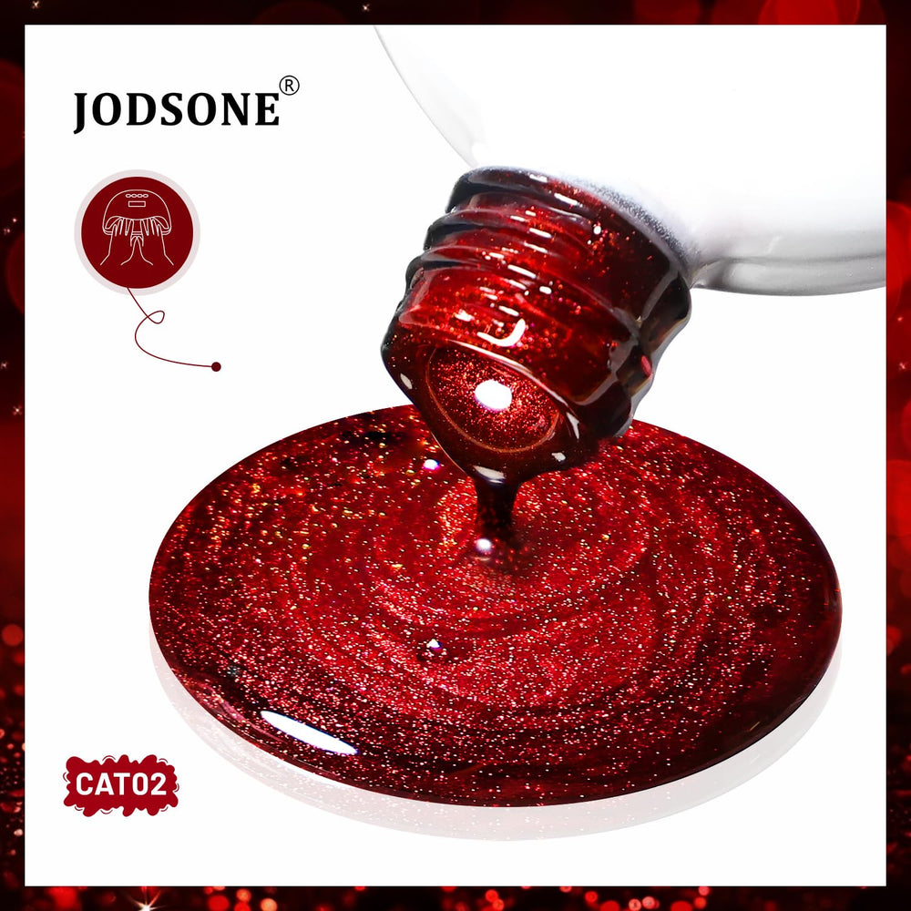 JODSONE nail swatch palette with multiple red cat-eye variations for design ideas