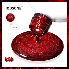 JODSONE nail swatch palette with multiple red cat-eye variations for design ideas