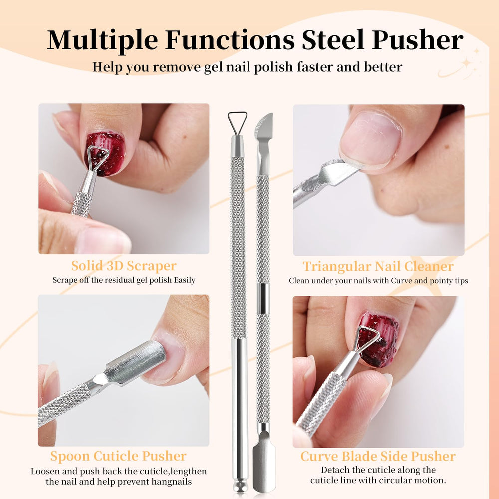 JODSONE steel pusher and sanding strips tools staged for precise gel residue removal