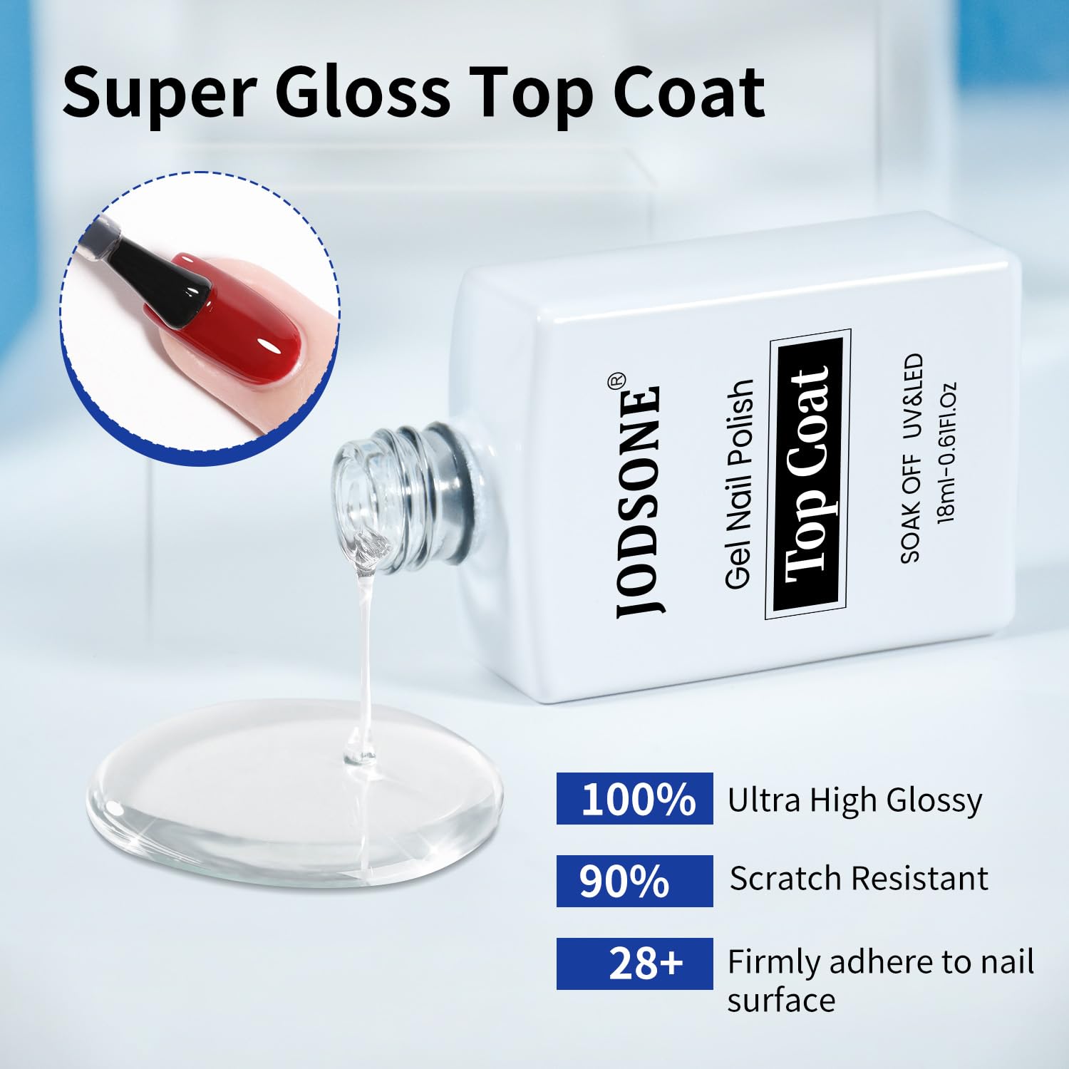 JODSONE top coat gloss swipe showing mirror-like shine and durable finish