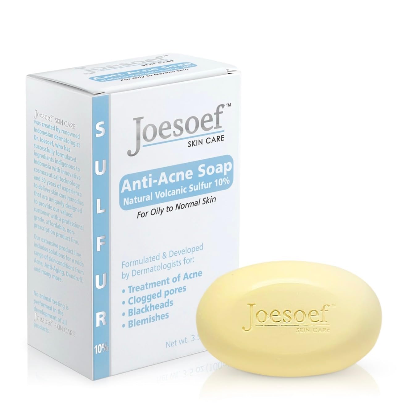JOESOEF SKIN CARE bar front view showing clean medicated soap and benefits