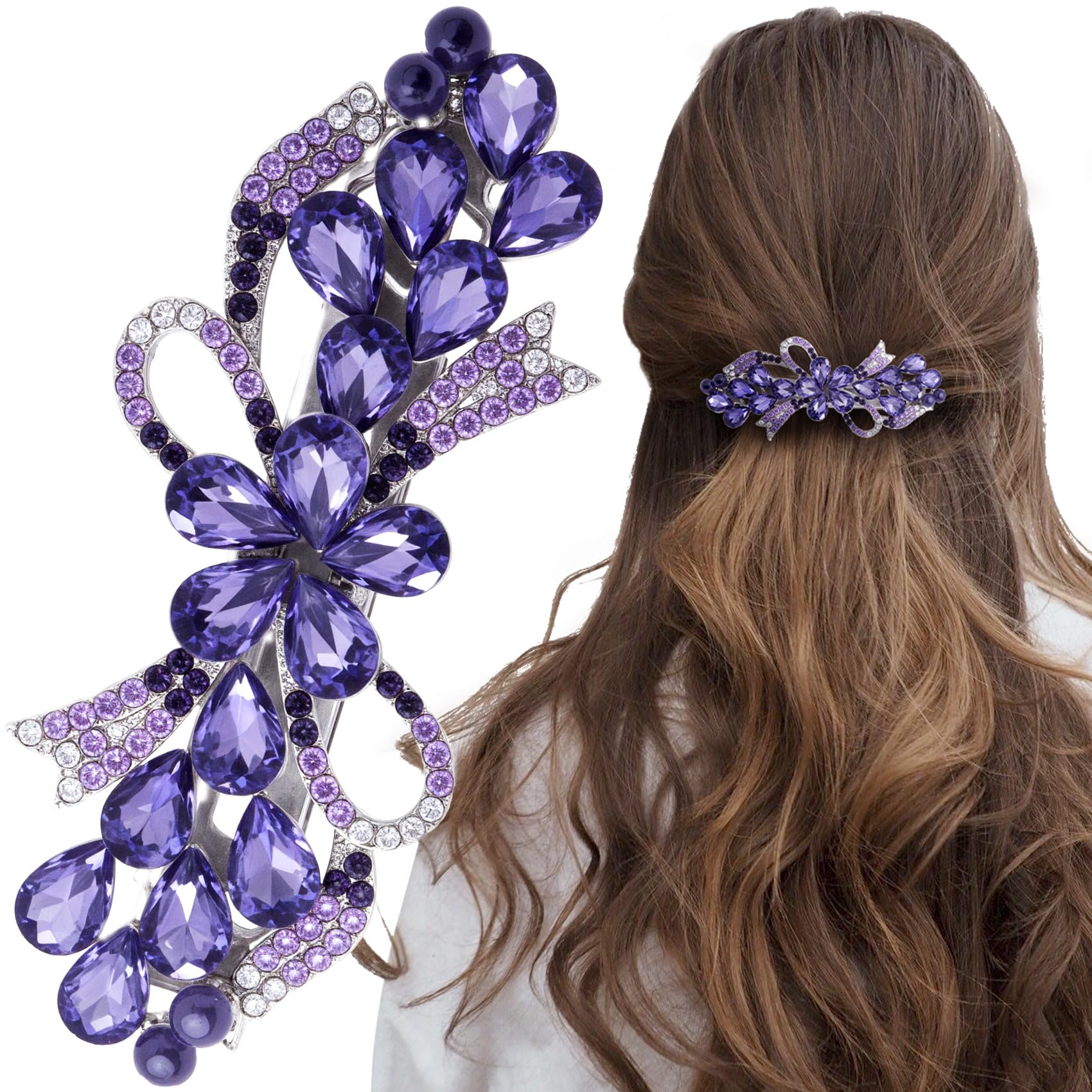 Joez Wonderful front view of purple bow barrette showing shape and sparkle