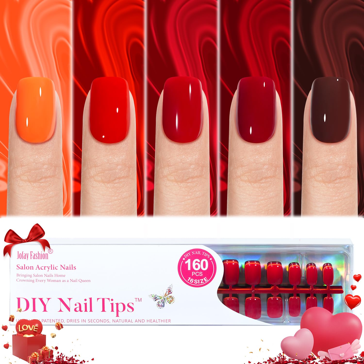 Jofay Fashion front packaging showing red press-on nail kit and convenience