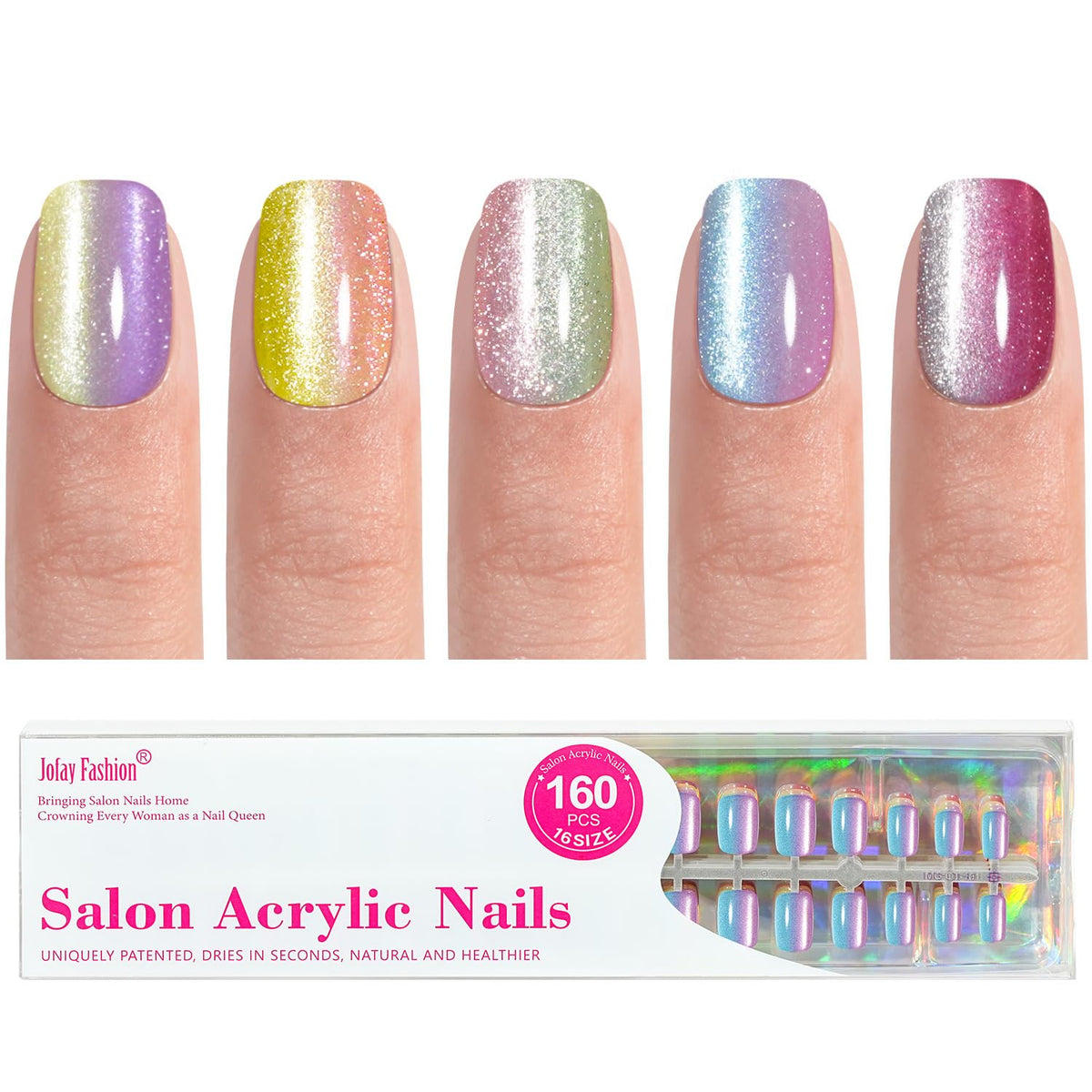 Jofay Fashion front packaging showing full 160-piece press-on nail kit benefit quick salon results