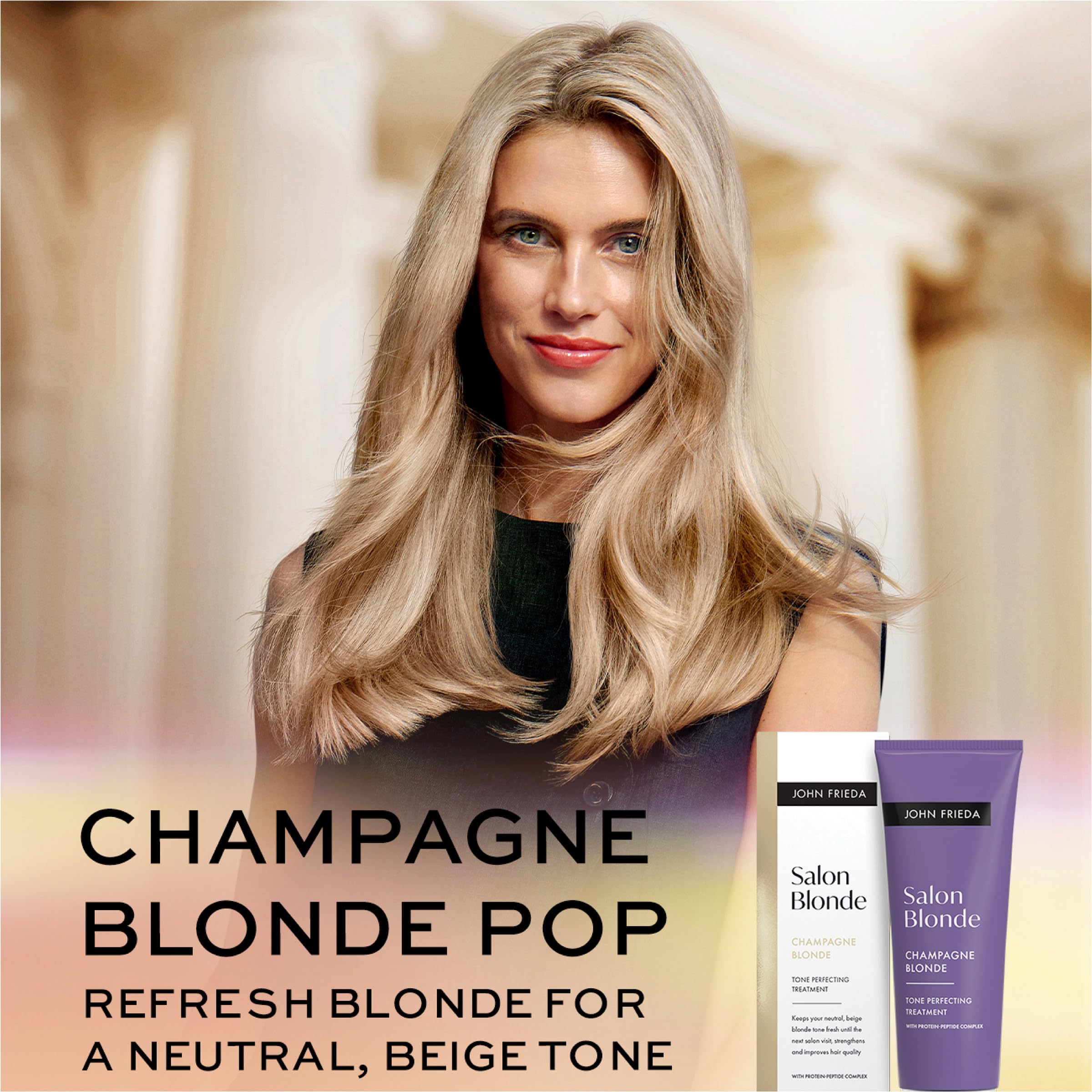 John Frieda before and after comparison showing reduced brassiness benefit