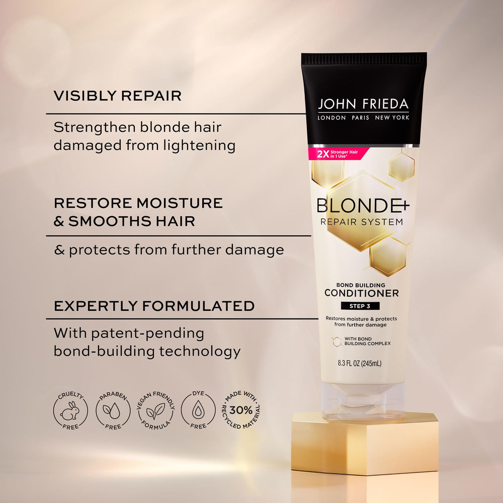 John Frieda Blonde+ dispensing conditioner from bottle for easy use
