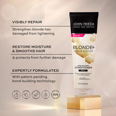 John Frieda Blonde+ dispensing conditioner from bottle for easy use
