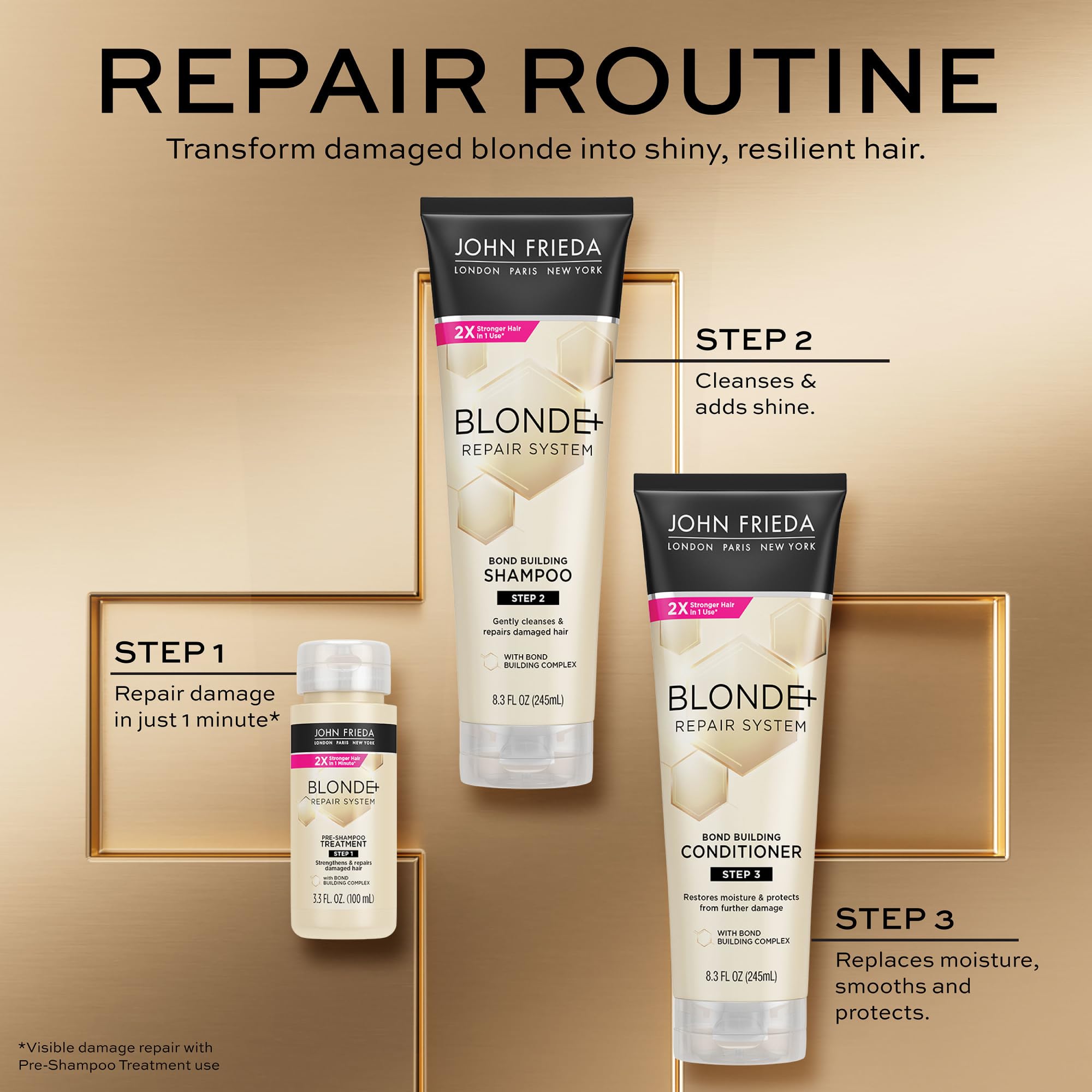 John Frieda Blonde+ held in hand to show 8.3 oz size and scale