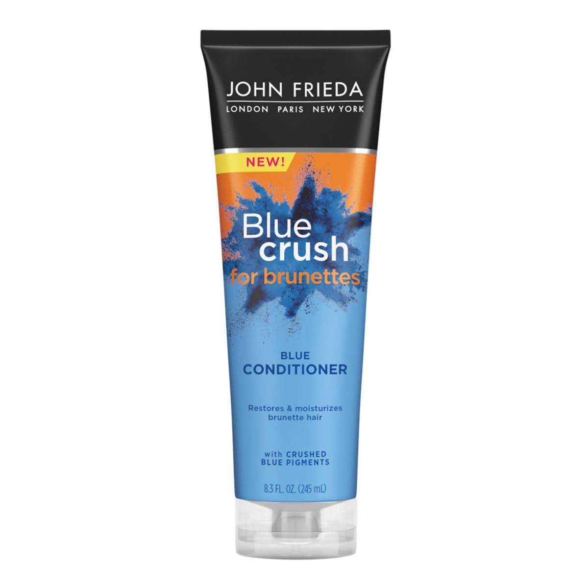 John Frieda bottle front packaging showing brand and benefits for cooler brunette tones