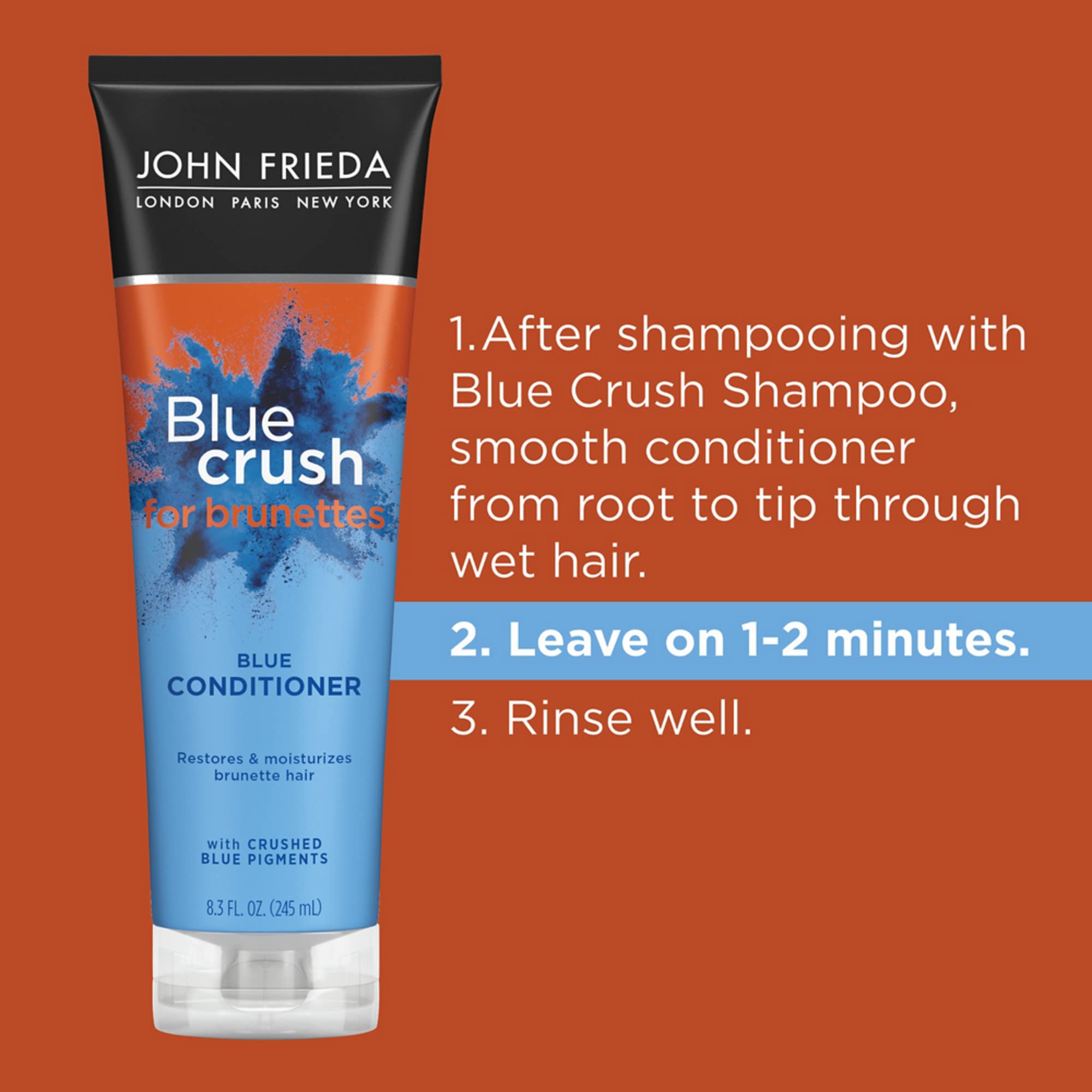 John Frieda 8.3 oz conditioner beside a ruler showing compact travel‑friendly size