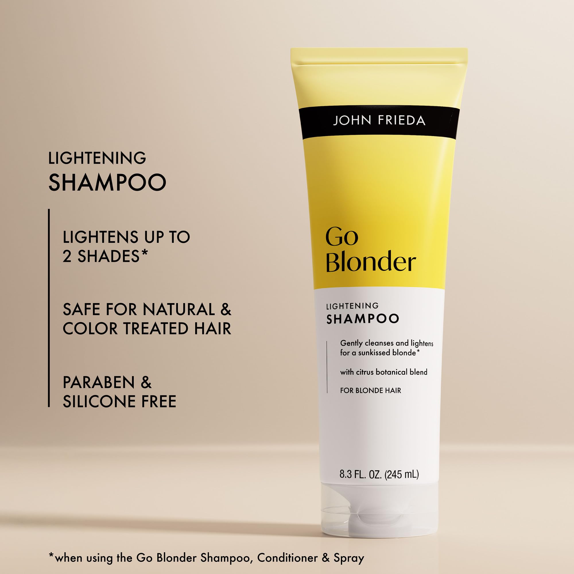 John Frieda bottle label with recycled content info promoting eco-conscious choice
