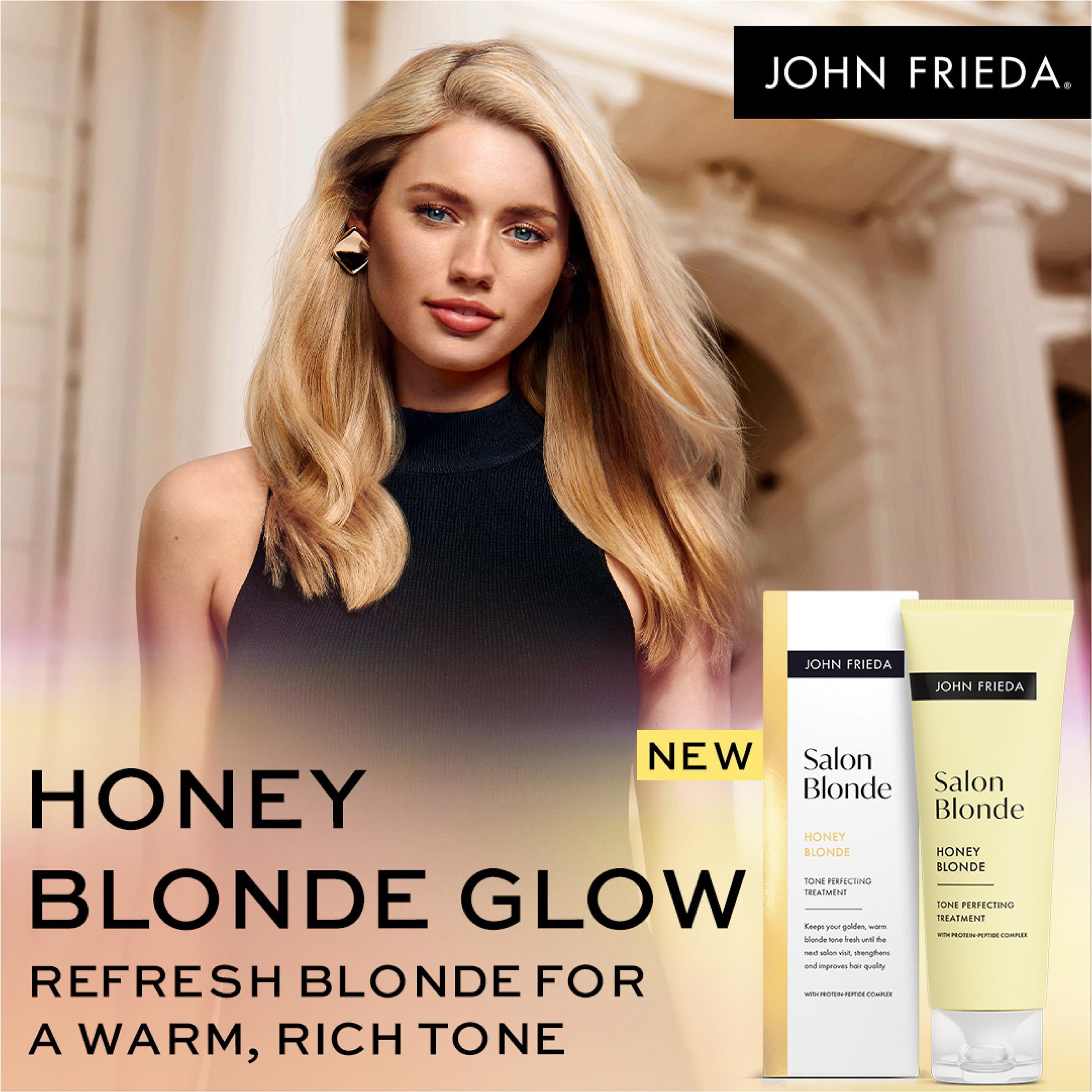 John Frieda before and after hair showing revived honey-blonde tone benefit