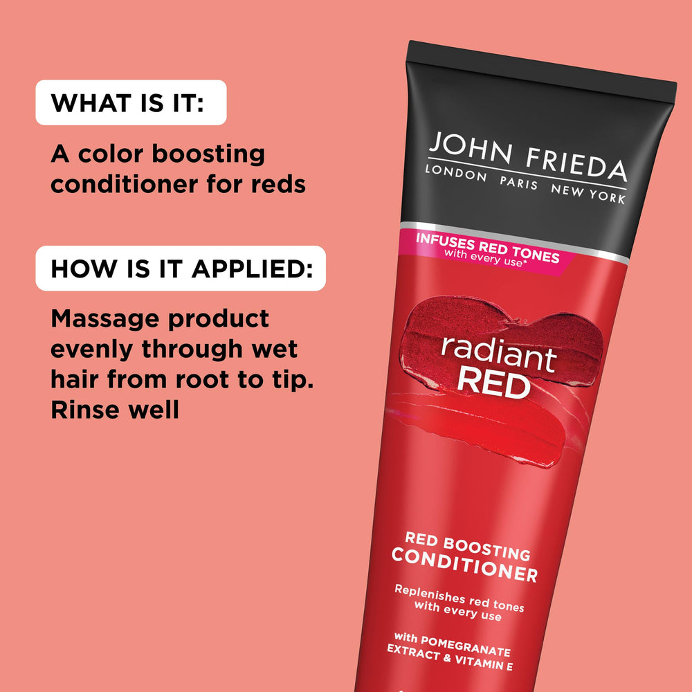 John Frieda 8.3 oz bottle next to a ruler for scale and travel-friendly size information