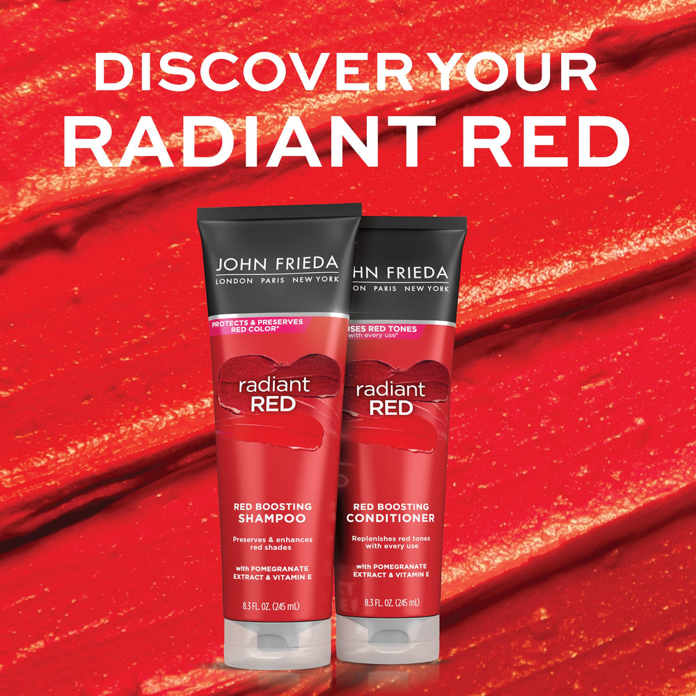 John Frieda conditioner paired with Radiant Red shampoo to show coordinated color care
