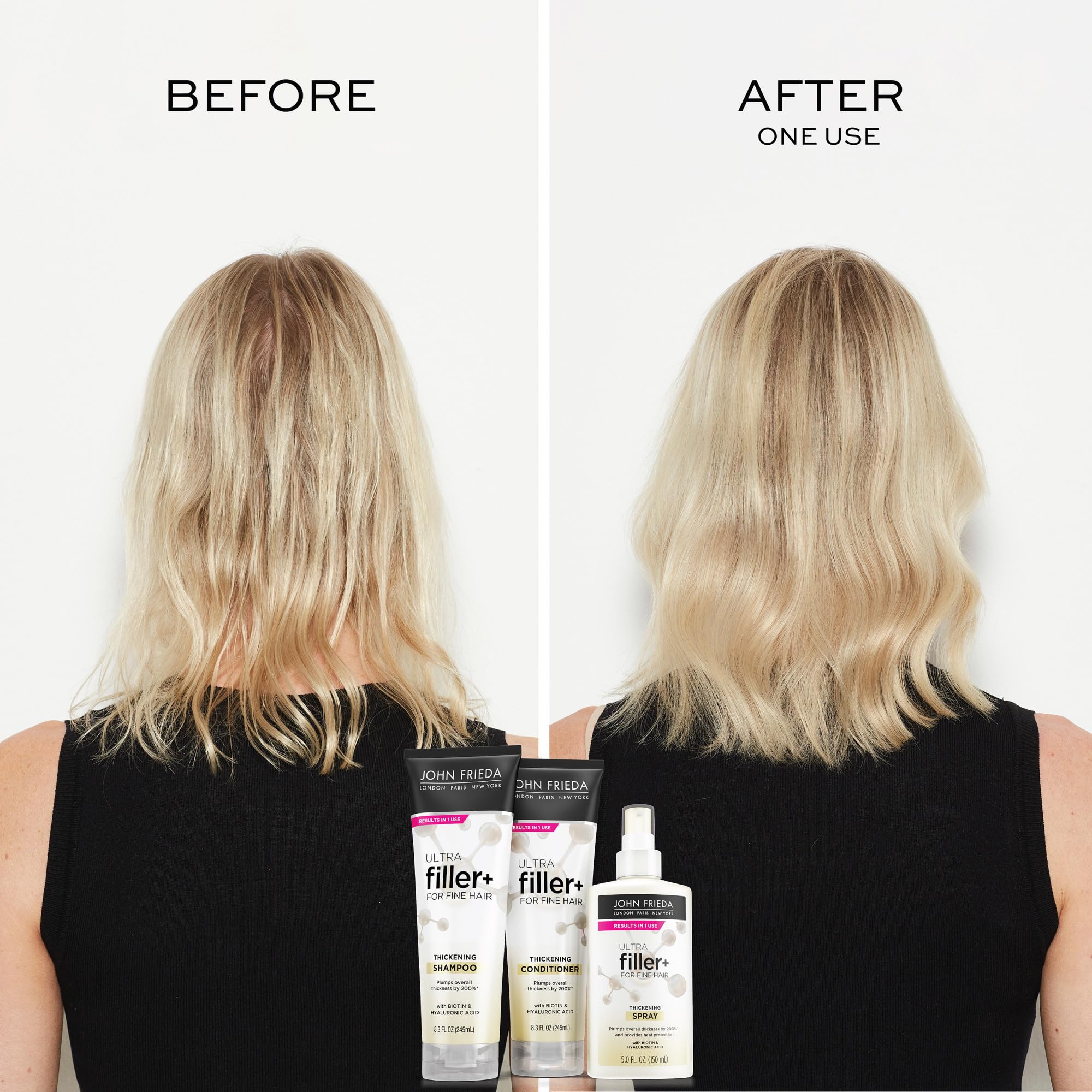 Hand applying John Frieda conditioner to wet hair demonstrating detangling and smoother strands